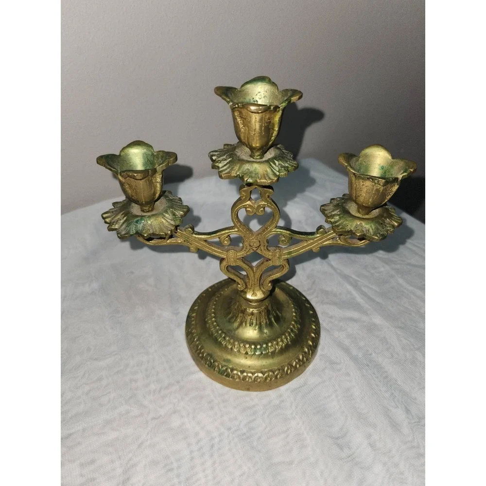 Vintage Ornate Brass 3 Arm Candelabra Floral Scroll Taper Candle Holder Patina